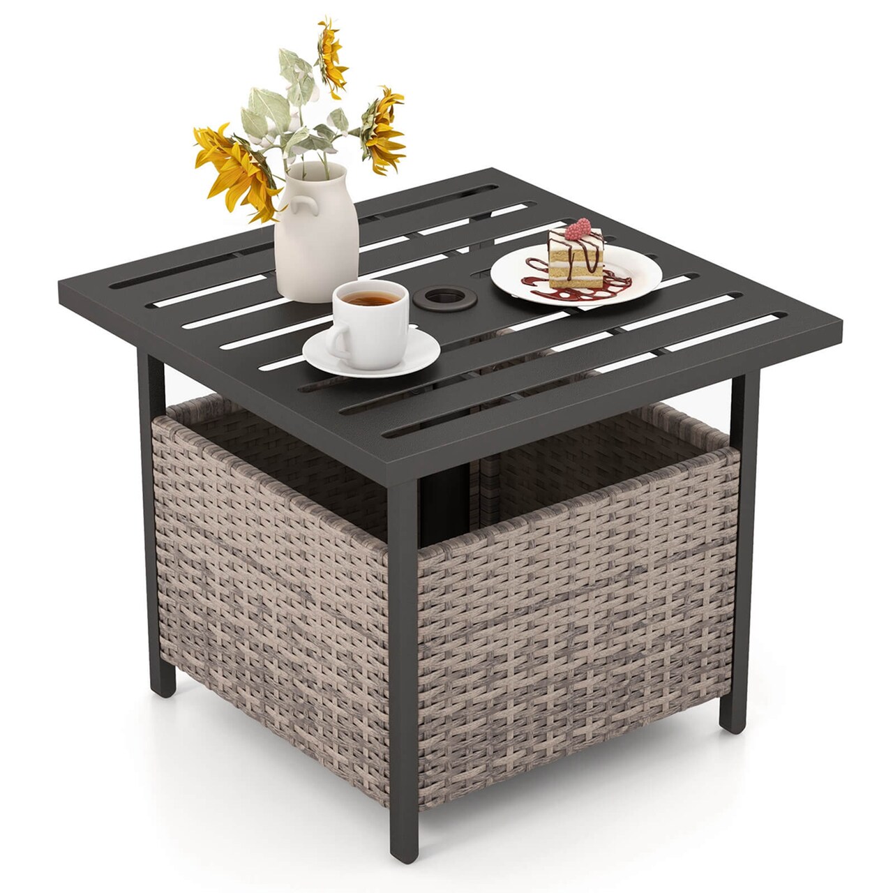 Costway Rattan Wicker Steel Side Table Outdoor Furniture Deck Garden Patio Pool Black/Gray/Brown
